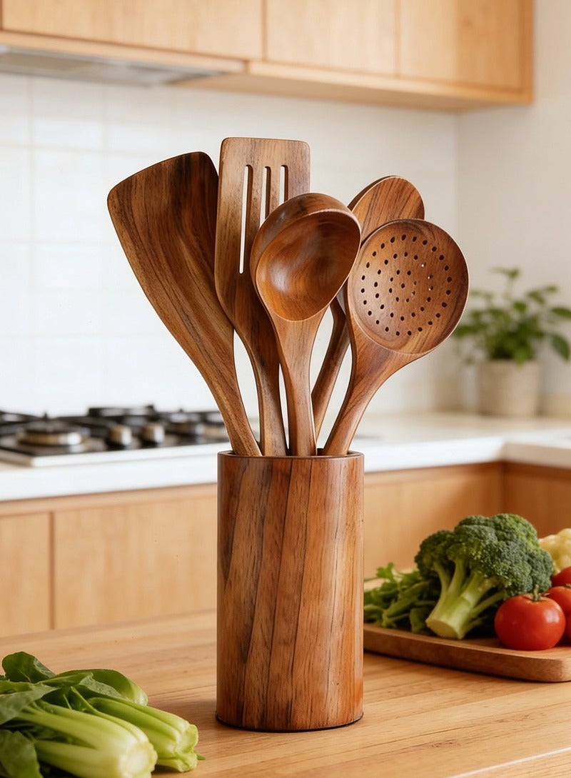 Yoawllty Wooden Spoons For Cooking, 6 Piece Organic Bamboo Utensil Set With Holder, Wood Kitchen Utensils Spatula Spoon For High Heat Stirring In Nonstick Pots & Pans Quality (Dark Brown) - Image 1